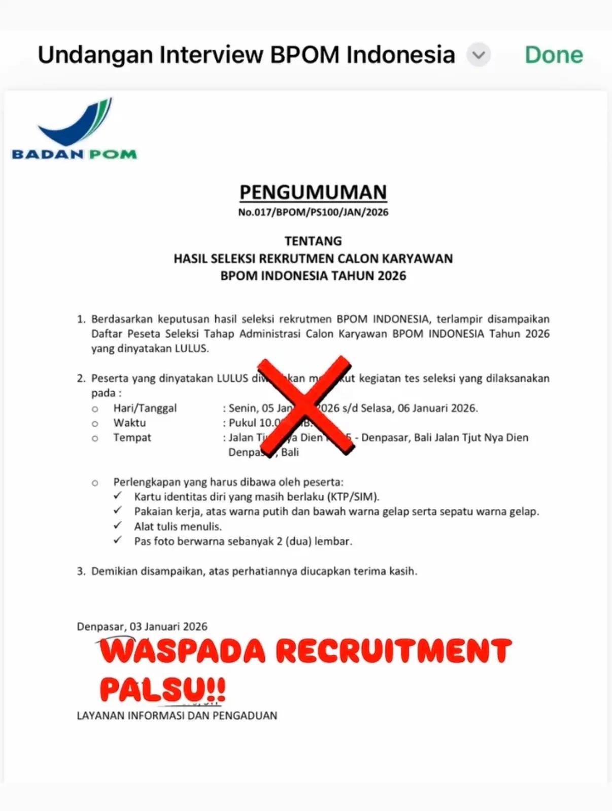Contoh pengumuman lolos yang palsu